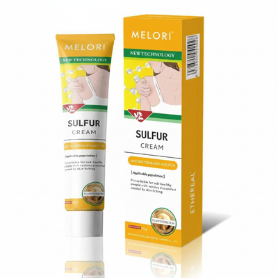 Melori sulfur cream tube and packaging on a white background