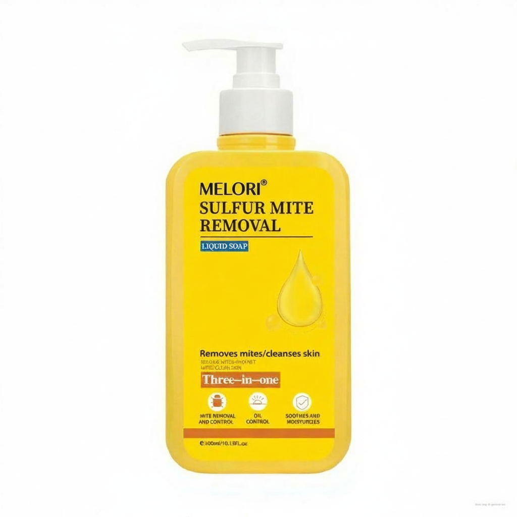 Yellow bottle of Melori Sulfur Mite Removal Liquid Soap on a white background