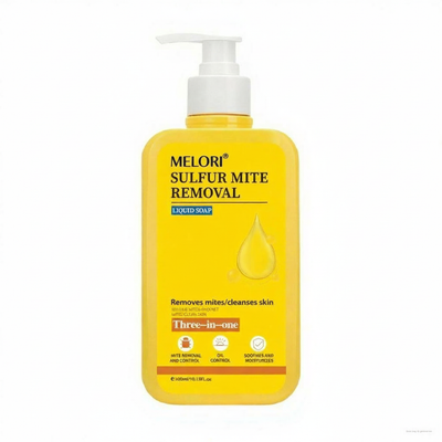 Yellow bottle of Melori Sulfur Mite Removal Liquid Soap on a white background
