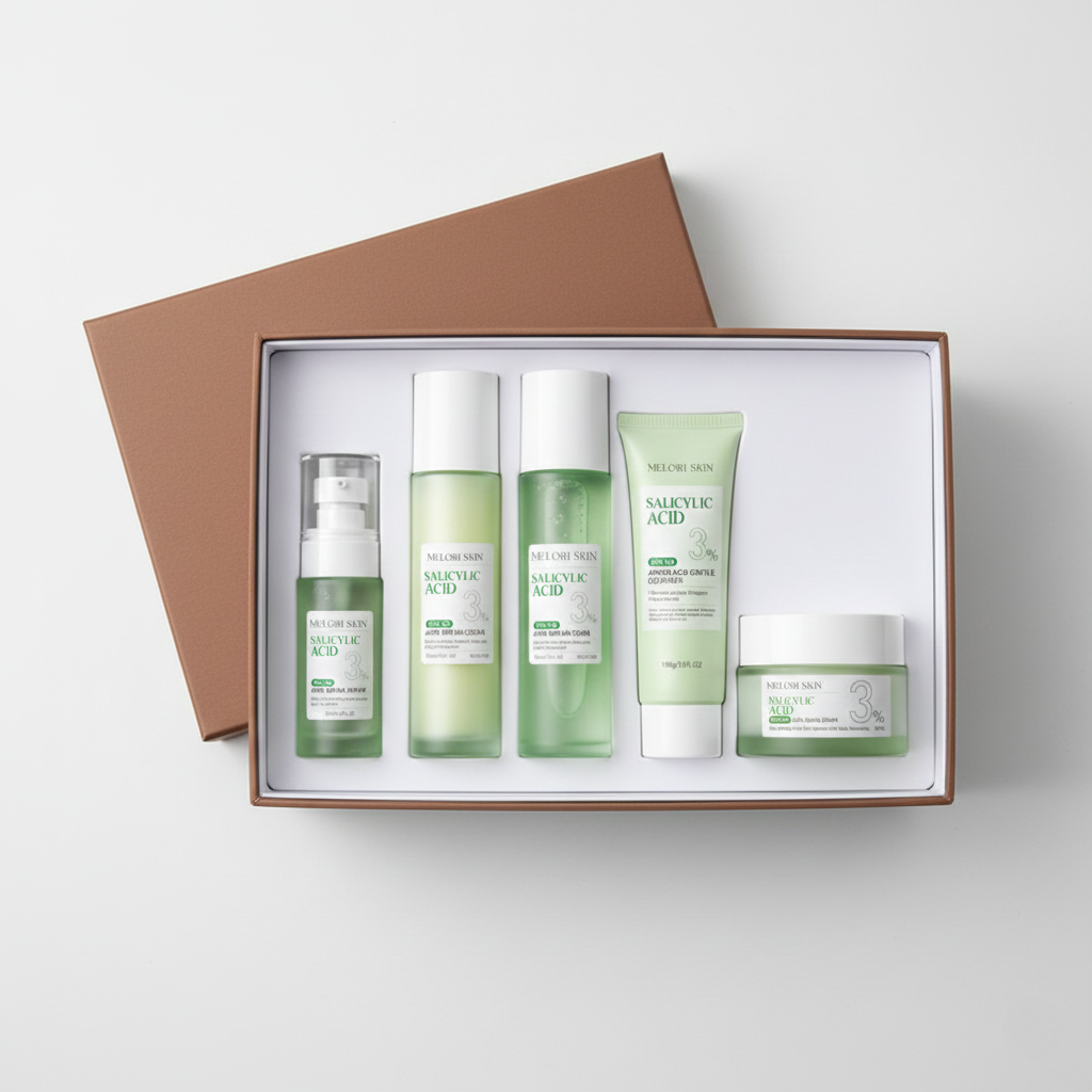 Set of Melori skin skincare products in a brown box on a white background